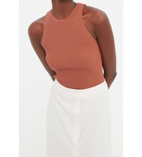 Moda Bisiklet Yaka Triko Slim Düz Desen Casual Günlük Regular Askılı Kol Bluz (Kahverengi)