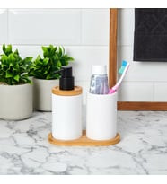 Bambu Standlı Seramik İkili Banyo Seti (Beyaz)
