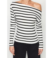 Moda Kayık Yaka Örme Slim Çizgili Desen Casual Günlük Regular Uzun Kol Bluz (Siyah)