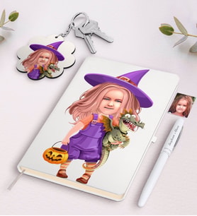BK Gift Kişiye Özel Küçük Cadı Karikatürlü Siyah Defter Kalem Ve Anahtarlık Hediye Seti-1 (Model 2)
