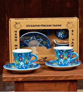 El Yapımı Kütahya Çini Kabartmalı 2'li Kahve Fİncanı (Mavi)