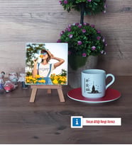 Kız Kulesi Fotoğraflı Dekoratif Taş, Ahşap Altlıklı Türk Kahvesi Fincanı HediyeArkadaşa Hediye (Model 3)