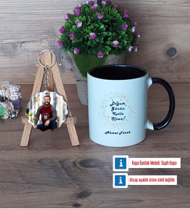 Doğum Günü Hediyesi Kupa Bardak Beyaz ve Fotoğraflı Ahşap Anahtarlık Hediye (Model 11)