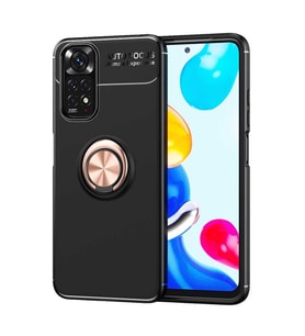Xiaomi Redmi Note 11S Global Kılıf Yüzüklü Magnetli Ravel Case Kapak (Siyah-Rose Gold)