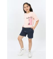 Toontoy Kız Çocuk World Baskılı Tişört (Pudra)