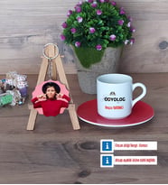 Odyolog Türk Kahvesi Fincanı Ahşap Altlıklı ve Fotoğraflı Ahşap Anahtarlık Hediye (Model 3)