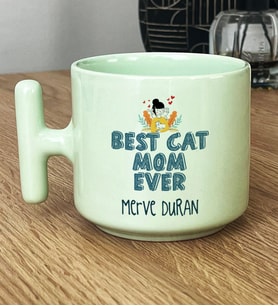 Kişiye Özel Best Cat Mom Ever Hediye Pastel T Kupa En İyi Kedi Annesi (Yeşil)