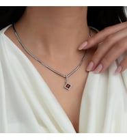 925 Ayar Gümüş Pırlanta Modeli İtalyan Zincir Kare Kolye, Kadın Kolye, İTLKREKLYE001 (Kırmızı)
