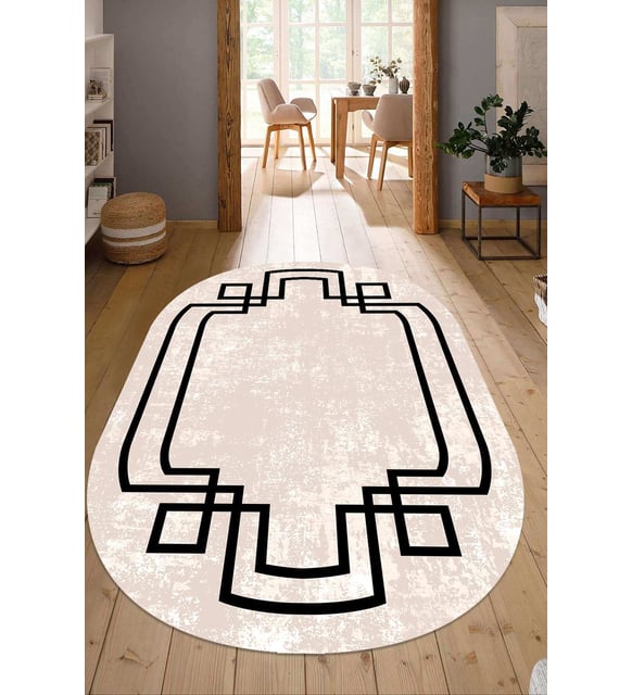 Dijital Baskılı Kaymaz Taban Yıkanabilir Oval Salon Halısı Mutfak Halısı Yolluk NDO-SD-597 (Bej)