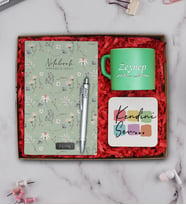 Kişiye Özel Defter, Tükenmez Kalem, Çay & Nescafe Fincanı ve Ahşap Sunumluklu Hediye Seti (Model 4)
