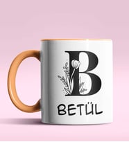 Kişiye Özel B Harfi Romantik Tasarım Siyah Renk Kupa (Turuncu)