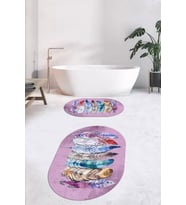 EVDEYA Dijital Yıkanabilir Renkli Etnik Yaprak Desen İkili Banyo Halısı Oval Klozet Takımı, OKLOZET-25-GRİ, (Pembe)
