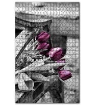 Cakapuzzle Siyah Beyaz Bankta Renkli Mor Laleler Puzzle Yapboz MDF (Ahşap) (255 Parça)
