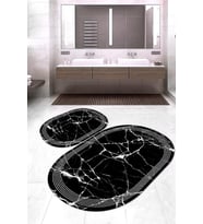 Dijital Baskılı Kaymaz Taban Yıkanabilir Oval 2'li Klozet Takımı Banyo Paspası NOKZ-SD-1089 (Siyah)