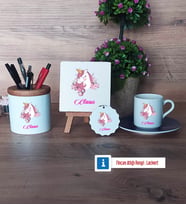 Unicorn Hediye Seti Dekoratif Taş, Kalemlik, Ahşap Altlıklı Türk Kahvesi Fincanı, Ahşap Anahtarlık Hediye (Model 4)