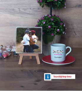 Anneye Hediye Fotoğraflı Dekoratif Taş, Ahşap Altlıklı Türk Kahvesi Fincanı Hediye (Model 3)