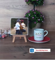 Anneye Hediye Fotoğraflı Dekoratif Taş, Ahşap Altlıklı Türk Kahvesi Fincanı Hediye (Model 3)