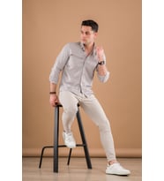 MODTİME SLİMFİT HASIR DOKULU İNCE KUMAŞ PAMUKLU YAZLIK ERKEK GÖMLEK (Krem)