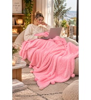 PANDAMKEE Ponponlu 200*220 cm Pelüş Tv Battaniyesi (%100 Yerli) (Pembe)