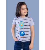 Toontoy Erkek Çocuk Çizgili Canavar Baskılı Tişört ( Gri-Melanj)