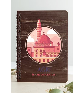 Ağrı İshakpaşa Sarayı Şehir Tasarım Ahşap Kapaklı Defter Kraf Kağıt Özel Tasarım (Gri - Siyah - Beyaz)