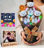 Doğum Günü Hediyesi Kişiye Özel Fotoğraflı Renkli Led Işıklı Peluş Ayıcık Buketi (Mavi)