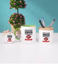 Dünyanın En Güzel Öğretmeni Kupa Bardak Kırmızı Kalemlik ve Anahtarlık (Model 8)