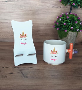 Unicorn Hediye Sepeti Kupa Bardak T Kulplu ve Ahşap Telefon Standı Arkadaşa Kız Kardeşe Hediye (Model 7)