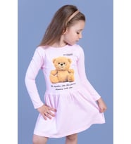Toontoy Kız Çocuk Ayıcık Baskılı Elbise (Açık Pembe)