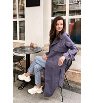 Pastelastore %100 Pamuk Gabardin Uzun (110cm) Astarlı Kemerli Kadın Trençkot 1111 (İndigo)
