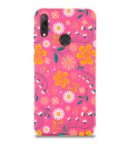 Huawei Y7 2019 Uyumlu Lansman Kılıf Çiçek Tasarımlı İçi Kadife Kapak (Neon Pembe)