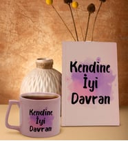 BK Gift Hayat Mottosu Tasarımlı Pudra Pembesi Sert Kapaklı Defter ve Middle Kupa Seti, Arkadaşa Hediye, Yeni İş Hediyesi, Doğum Günü Hediyesi (Model 3)