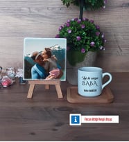 Babaya Hediye Fotoğraflı Dekoratif Taş, Ahşap Altlıklı Türk Kahvesi Fincanı Hediye (Model 1)