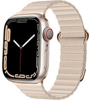 Uyumlu Model Apple Watch 7 8 41mm Kordon Mıknatıslı Magnetik Deri Kordon (Krem)