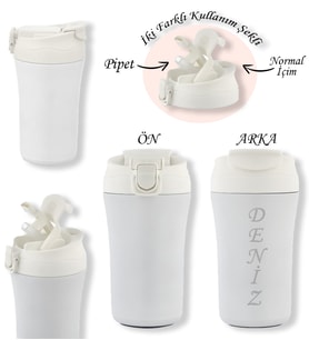 BK Gift Kişiye Özel İsimli 5335 Paslanmaz Çelik Termos Mug 400ml, Vakumlu Termos Bardak (Beyaz)