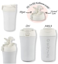BK Gift Kişiye Özel İsimli 5335 Paslanmaz Çelik Termos Mug 400ml, Vakumlu Termos Bardak (Beyaz)