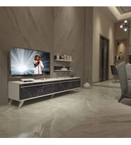 Eko 4 Mdf Std Retro Tv Ünitesi Tv Sehpası (Beyaz - Siyah Mermer)