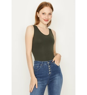 Kadın Bisiklet Yaka Alttan Çıtçıtlı Body (Haki)