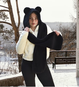 Kışa Hazır: Kapşonlu Welsoft Peluş Bere - Atkılı - Polar Boyunluk Şalı (Siyah)