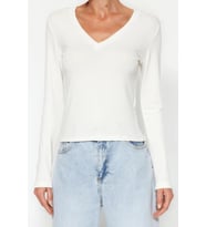 Moda V Yaka Örme Slim Düz Desen Casual Günlük Regular Uzun Kol Bluz (Ekru)