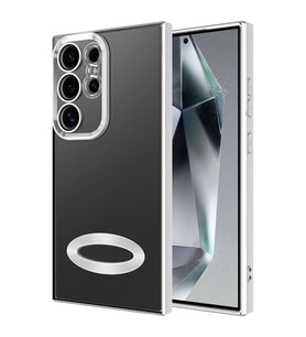 Samsung Galaxy S24 Ultra Kılıf Logo Yeri Açık Kamera Lens Önü Korumalı Renkli Kenarlı Şeffaf Silikon (Gümüş)