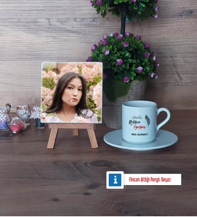 Rehber Öğretmen Fotoğraflı Dekoratif Taş, Ahşap Altlıklı Türk Kahvesi Fincanı Hediye (Model 2)