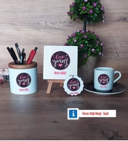 Love Yourself Hediye Seti Dekoratif Taş, Kalemlik, Ahşap Altlıklı Türk Kahvesi Fincanı, Ahşap Anahtarlık Hediye (Model 7)