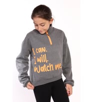 Toontoy Kız Çocuk Dik Yaka Fermuarlı Baskılı Sweatshirt (Antrasit Melanj)