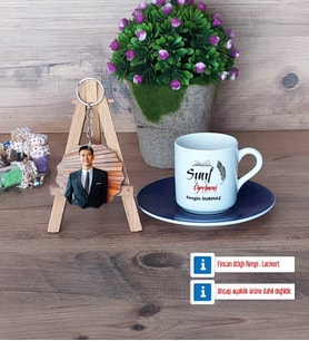 Sınıf Öğretmeni Türk Kahvesi Fincanı Ahşap Altlıklı ve Fotoğraflı Ahşap Anahtarlık Hediye (Model 4)