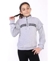 Toontoy Kız Çocuk Fermuar Detaylı Nakışlı Kadife Sweatshirt ( Gri-Melanj)