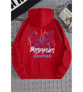 Unisex Butterfly & Letter Graphic Baskılı Sweatshirt (Kırmızı)