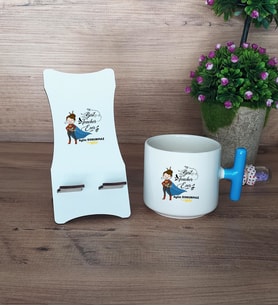 Kadın İngilizce Öğretmeni Hediye Sepeti Kupa Bardak T Kulplu ve Ahşap Telefon Standı Öğretmenler Günü Hediyesi (Model 3)