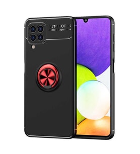Samsung Galaxy A22 4G Kılıf Yüzüklü Magnetli Ravel Case Kapak (Siyah-Kırmızı)