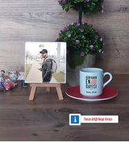 Dayıya Hediye Fotoğraflı Dekoratif Taş, Ahşap Altlıklı Türk Kahvesi Fincanı Hediye (Model 3)